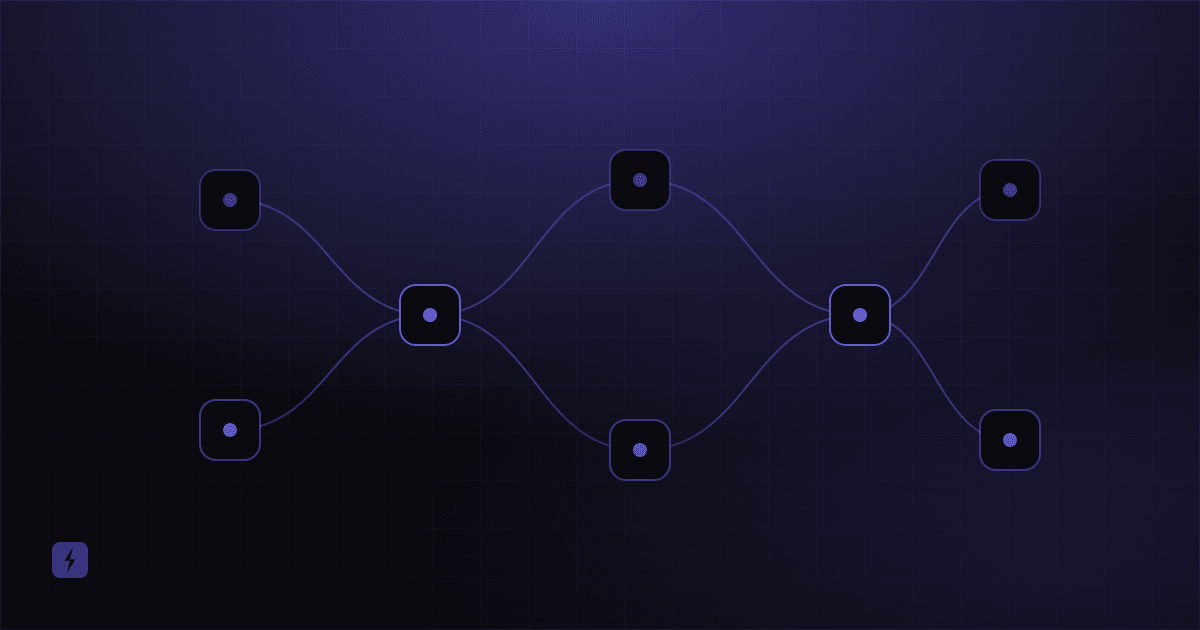 Abstract network of connected workflow nodes on a dark background.