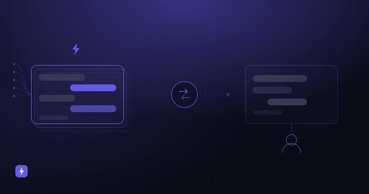 Split comparison graphic: an AI chatbot panel on the left, a human live chat panel on the right, and a handoff arrow joining them in the middle.