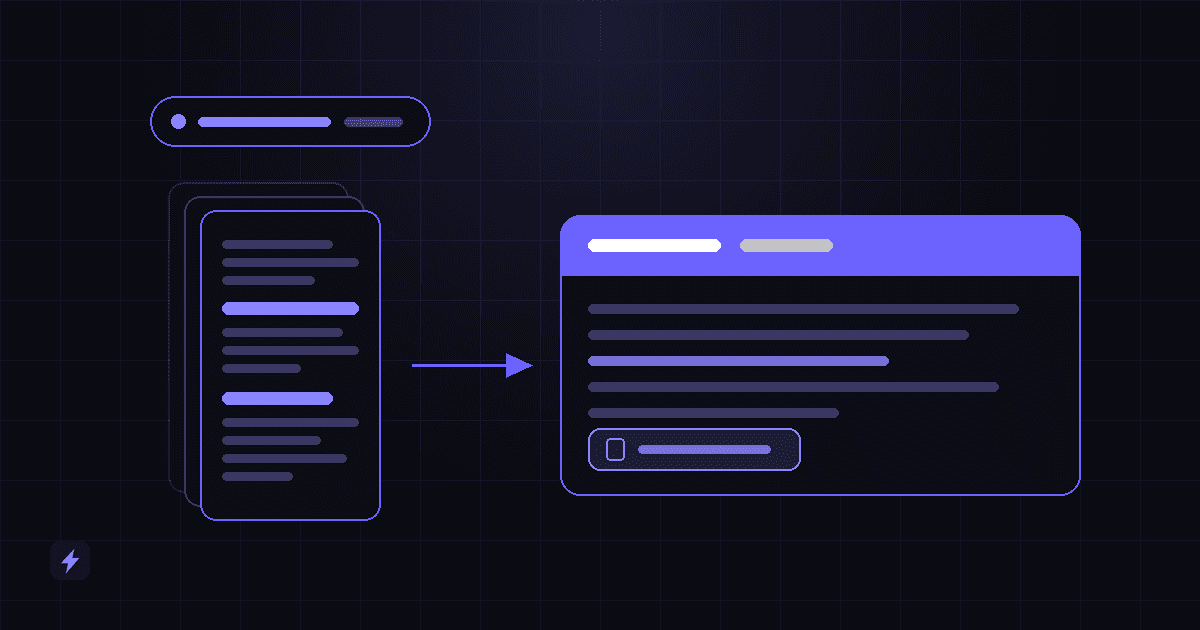A single question line fanning out into three highlighted passages inside stacked document outlines, with a citation marker returning along a glowing violet path.