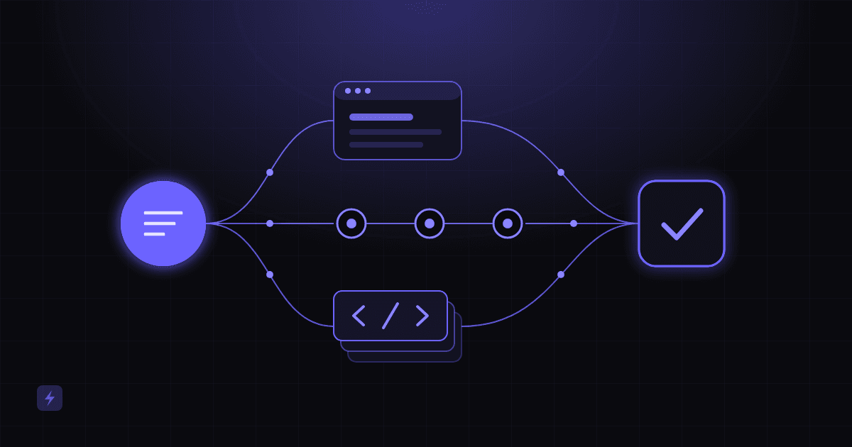Three paths branch from a single starting node: a simple ready-made tile, a chain of connected nodes, and a custom stacked block, rejoining at one outcome node on a dark grid.