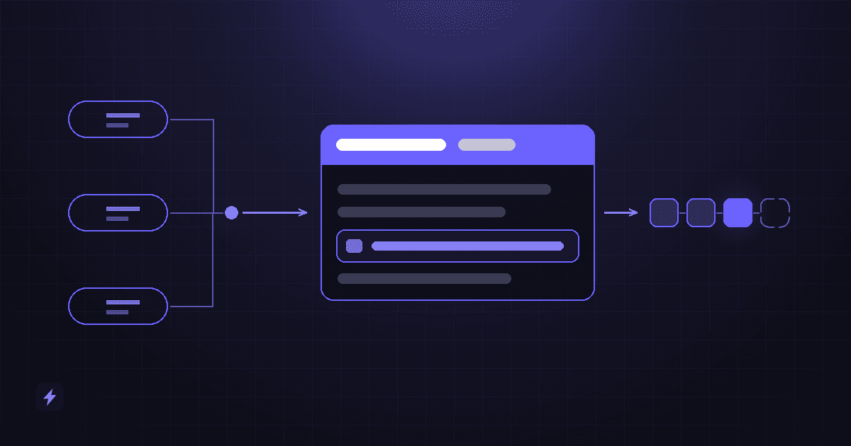 Incoming enquiry paths converging into a single record card that moves through routing, follow-up and pipeline stages in brand purple.