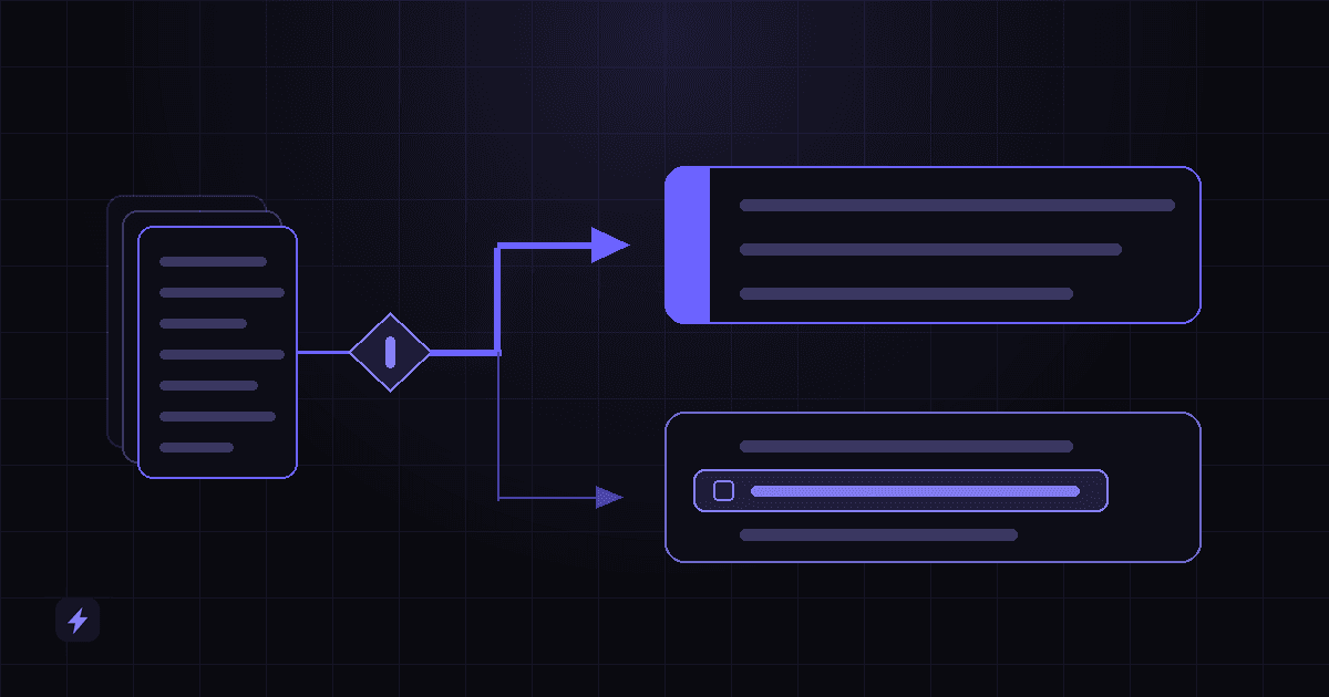 Incoming documents splitting into two lanes — a wide automated lane running straight through to a system of record, and a narrower lane routing flagged documents to a human review step.