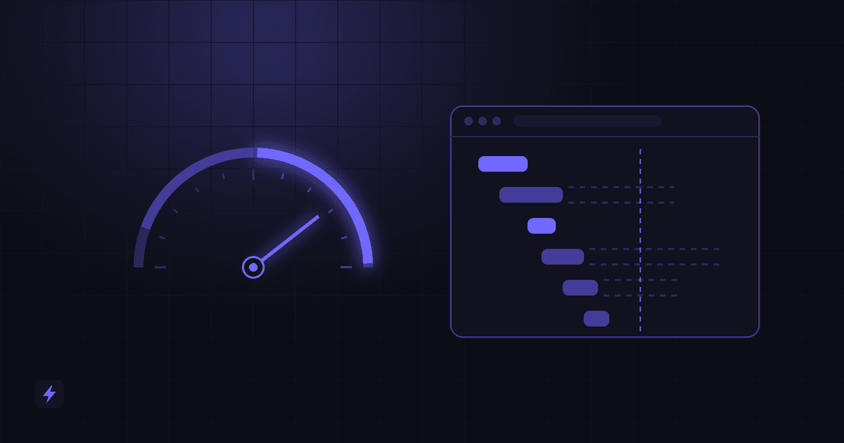 Abstract speed gauge in brand purple on near-black, its needle in the fast zone, beside a page-load waterfall where heavy bars are trimmed to short ones.